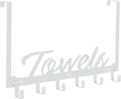 Azmoncy Over The Door Hooks - Wall Mount Towel Hanger with 6 Hooks for Bedroom Bathroom Kitchen Towels, Bag, Coats, Hats - White