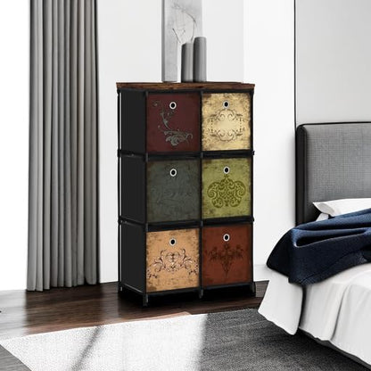 Small Fabric Dresser with 6 Drawers, DIY Cube Organizer for Closet, Storage Drawer Unit Chest of Drawers for Bedroom, Living Room, Hallway, Dorm, Pattern
