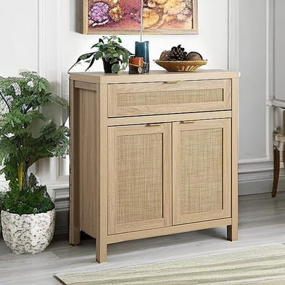SICOTAS Sideboard Buffet Storage Cabinet, Rattan Accent Cabinet with Doors and Drawer, Boho Credenzas Buffet Table Console Coffee Bar Cabinets for Entryway Living Room, Natural