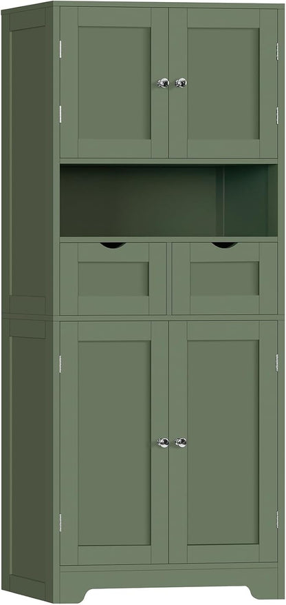 TEENFON 57.8" H Tall Bathroom Storage Cabinet with 2 Drawers & 2 Adjustable Shelves, Floor Cabinet with 4 Doors, Tall Cabinet for Living Room, Dining Room, Entryway, Forest Green