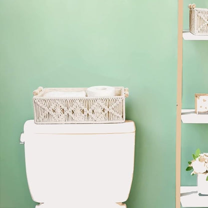 2 Pack Macrame Storage Baskets Boho Decor Basket Handmade Woven,Toilet Paper Storage Basket,Small Baskets For Organizing,Bathroom Organizers And Storage,Bathroom Counter Organizer, Ivory