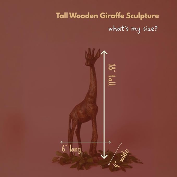 Tall Wood Giraffe Sculpture, Statues, Animal Figurines, Home Decor Accents, Living Room, Office, Desk, Coffee Table, Book Shelf, Hand Carved, African, Brown