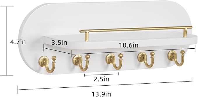 SANY DAYO HOME Key Holder Wall Mount White Wood Entryway Rack with 5 Gold Hooks, Metal Shelf Guardrail for Key Organizer, Living Room Decor (Oval, 14" x 5")