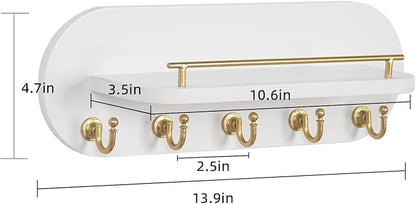 SANY DAYO HOME Key Holder Wall Mount White Wood Entryway Rack with 5 Gold Hooks, Metal Shelf Guardrail for Key Organizer, Living Room Decor (Oval, 14" x 5")
