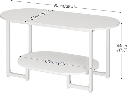 HOOBRO Coffee Table for Living Room, Oval Small Coffee Table with 2-Tier Open Storage Shelf, Industrial Cocktail Tea Table, Wooden Desktop Center Table, Farmhouse, Home Office, White WW09KF01