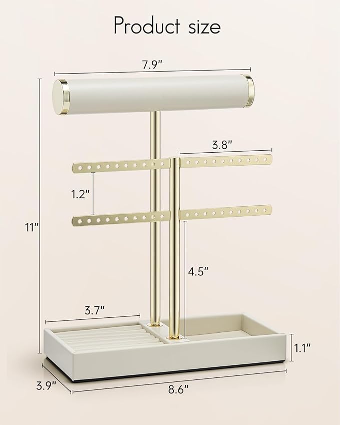 Vlando 2 Tier Necklace Holder Organizer with Tray, Leather Bracelet Holder Display for Women, Gold Jewelry Holder Stand for Bracelet, Necklace, Earrings, Rings - Cloud White