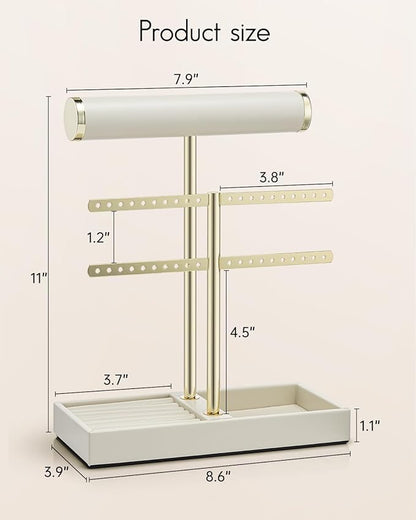 Vlando 2 Tier Necklace Holder Organizer with Tray, Leather Bracelet Holder Display for Women, Gold Jewelry Holder Stand for Bracelet, Necklace, Earrings, Rings - Cloud White