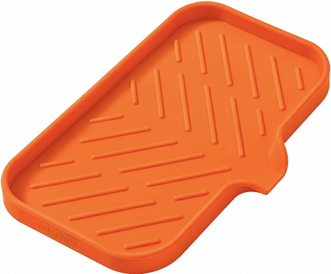MicoYang Silicone Soap Dish with Drain Spout — Self-Draining Sink Organizer Tray for Bathroom & Kitchen, Sponges, Dispensers & Soap Holder, Non-Slip & Dishwasher Safe, Orange (Medium, 9.6"×5.3")
