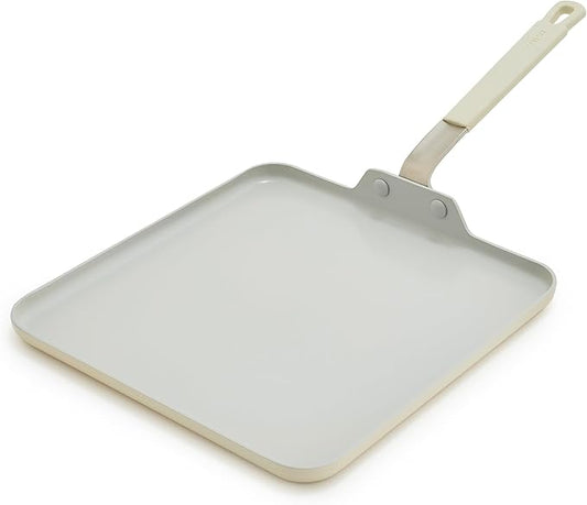 GreenPan x Bobby Flay 11” Nonstick Square Griddle Pan, PFAS-Free Diamond Ceramic Stay-Cool Silicone Handle, Easy Clean Dishwasher & Oven Safe Skillet, Cream