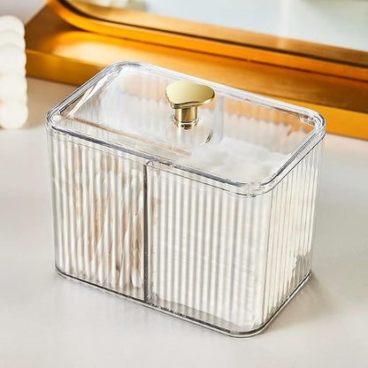 Qtips Holder Bathroom Container,3-Section Cotton Ball/Swabs Dispenser,3 Grids Apothecary Jar Organizer, Cosmetics Storage for Vanity