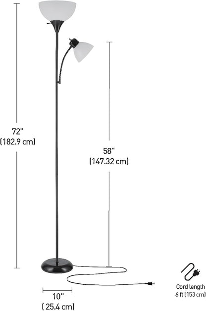 GLOBE Electric 67135 72" Torchiere Floor Lamp and Adjustable Reading Light,Matte Black,Frosted Shade,Dual Rotary Switch,3-Step Dimming,Modern Lighting for Living Room or Office,(Pack of 2)