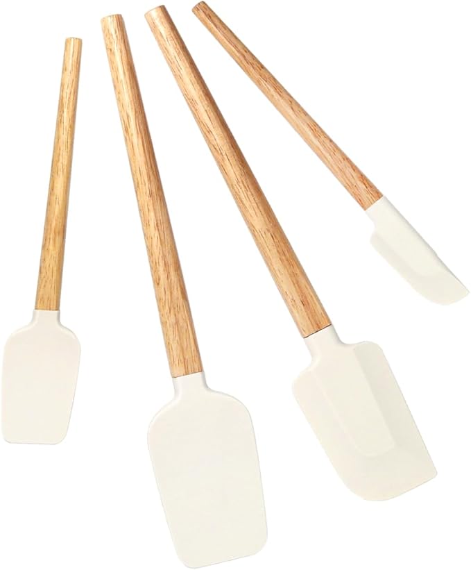 Silicone Spatula Set, Food Grade Rubber Spatula Off White-4 Piece Nonstick Rubber Spatulas with Wooden Handle, Spoonula, Jar Scraper for Cooking, Baking, Mixing, Frosting - Heat Resistant Up to 600°F