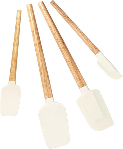 Silicone Spatula Set, Food Grade Rubber Spatula Off White-4 Piece Nonstick Rubber Spatulas with Wooden Handle, Spoonula, Jar Scraper for Cooking, Baking, Mixing, Frosting - Heat Resistant Up to 600°F