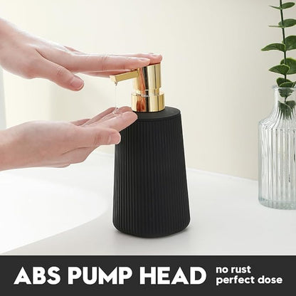 Small Soap Dispenser for Bathroom and Kitchen, Modern Farmhouse Striped Style Plastic Hand Soap Dish Soap Dispenser with Pump Matte Black and Gold