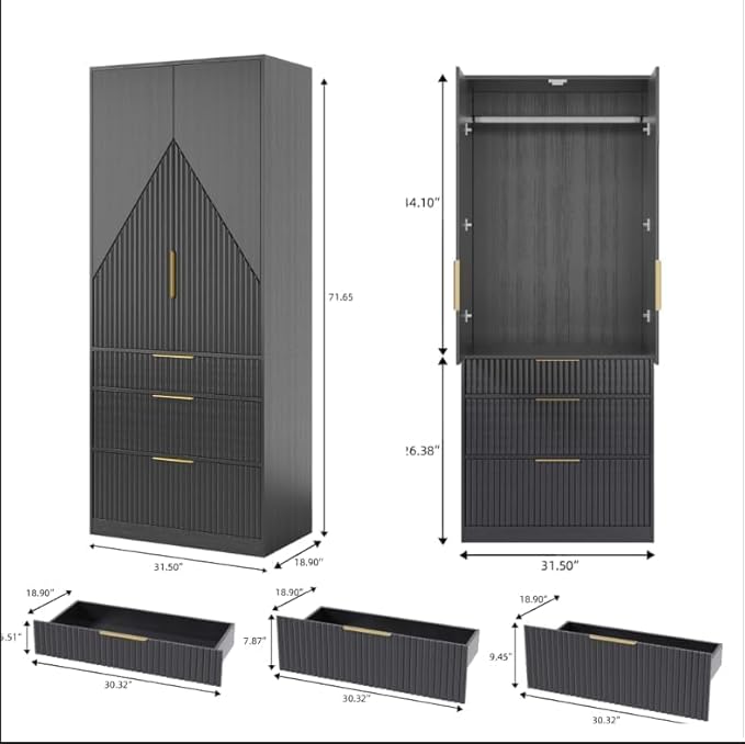 71.7" Wardrobe Armoire Wooden Closet with 2 Doors and 3 Drawers, Bedroom Armoire with Hanging Rod Shelf, Large Capacity Storage Wardrobe Armoire, Freestanding Wooden Closet Storage Cabinet Black
