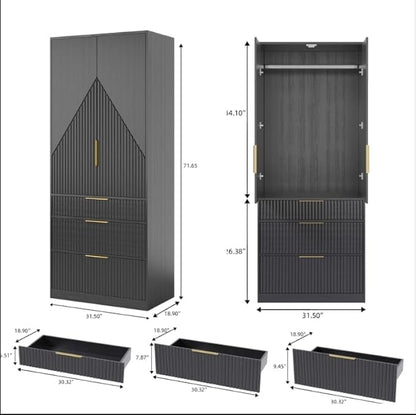 71.7" Wardrobe Armoire Wooden Closet with 2 Doors and 3 Drawers, Bedroom Armoire with Hanging Rod Shelf, Large Capacity Storage Wardrobe Armoire, Freestanding Wooden Closet Storage Cabinet Black