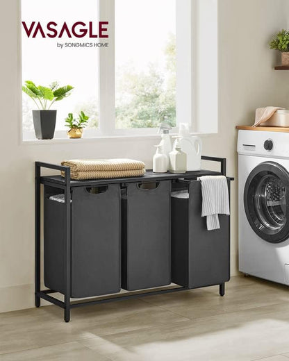 VASAGLE Laundry Hamper, Laundry Basket, Laundry Sorter with 3 Pull-Out and Removable Bags, Shelf, Metal Frame, 3 x 10.6 Gallons (40 L), 36.4 x 13 x 28.4 Inches, Slate Gray and Charcoal Gray UBLH301G01