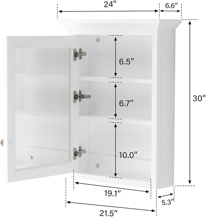 WELLFOR 24 x 30-in Bathroom Cabinet with Double-Side Mirrors, Wall Mounted Wood Mirror Storage Cabinet with 1 Soft-Close Door/2 Solid Wood Shelves, Anti-Fog Glass, Single Left Opening, White