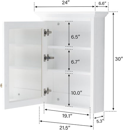 WELLFOR 24 x 30-in Bathroom Cabinet with Double-Side Mirrors, Wall Mounted Wood Mirror Storage Cabinet with 1 Soft-Close Door/2 Solid Wood Shelves, Anti-Fog Glass, Single Left Opening, White