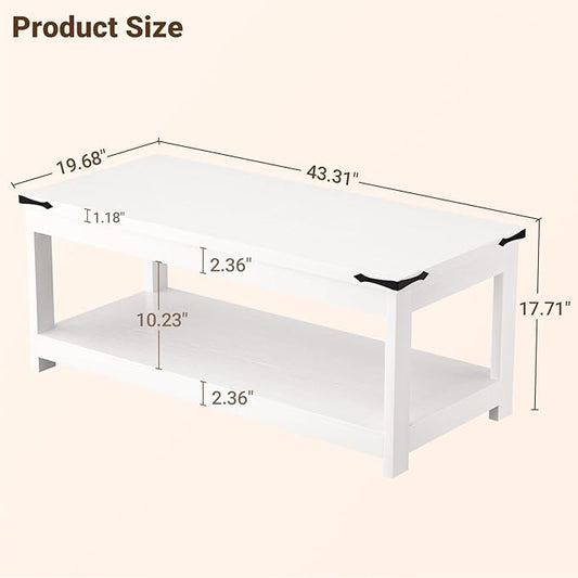 Homieasy 43.3” Rectangular Coffee Table with Storage Shelf, Farmhouse Wood Center Table for Living Room, Modern Black Tea Table with Open Shelf, White