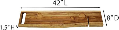 EcoDecors Eleganto 42" Live Edge Solid Teak Bath Caddy Tray with Handle, Book & Tablet Holder, Wine Glass Holders, Luxury Bathtub Tray