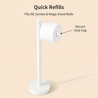 YUMORE Toilet Paper Holder Stand, Weighted Base, Matte White | Stainless Steel Design with Open-Arm Access for Bathrooms and Powder Rooms