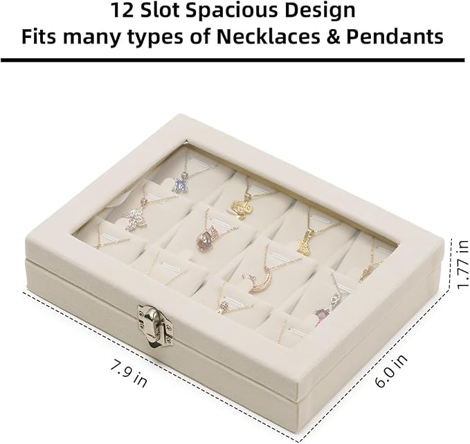 Jewelry Box Necklace Organizer Tray, Beige Necklace Display Case for Storage Jewelry Small Necklaces Display Stand 12 Slot Pendant Holder for Women