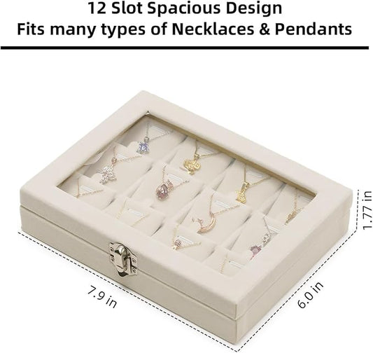Jewelry Box Necklace Organizer Tray, Beige Necklace Display Case for Storage Jewelry Small Necklaces Display Stand 12 Slot Pendant Holder for Women