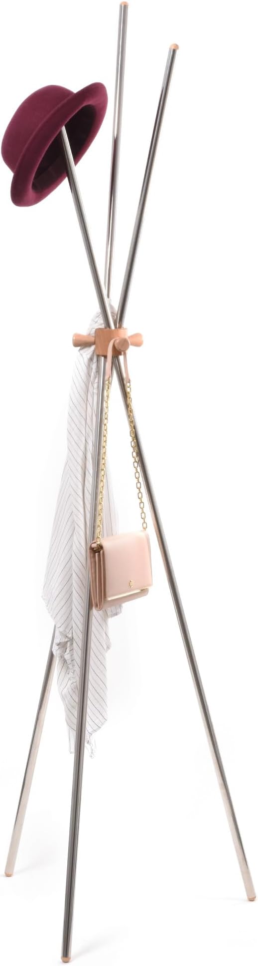 Coat Stand 70", Stainless Steel and Beech Wood, Freestanding Entryway Hall Tree for Hanging Hats/Bags/Purse/Jackets/Accessories, Modern Minimalist Design