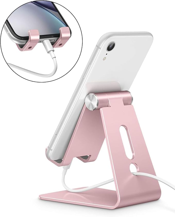 OMOTON Adjustable Cell Phone Stand, C2 Aluminum Desktop Phone Holder Dock Compatible with iPhone 15 14 13 Xs XR 8 Plus 7 6, Samsung Galaxy, Google Pixel, Android Phones, Rose Gold