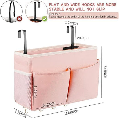 Bedside Storage Organizer 5 Pockets with 4 Hooks Hanging Storage Bag for Headboards/Bunk Bed (2Pack Pink)