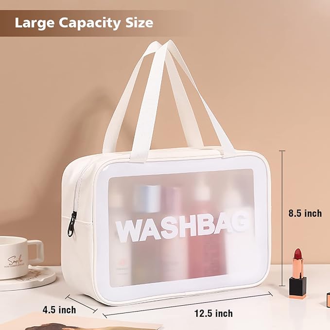 Travel Toiletry Bag for Women and Men, Matte Translucent Toiletry Bag with Handy Handle, Makeup Cosmetic Organizer Bag for Travel Toiletries Accessories (White)