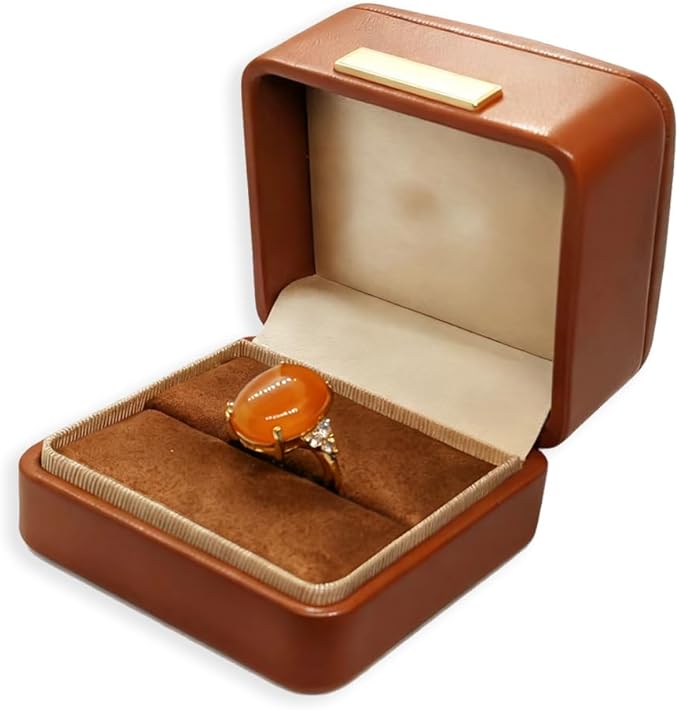 Ring Box Storage Premium Gorgeous Cherished Vintage Brown Square Leather Velvet Ring Box Double Slots Storage, Wedding Engagement, Jewelry Ring Bearer, Anniversary (Autumn Ember Brown)