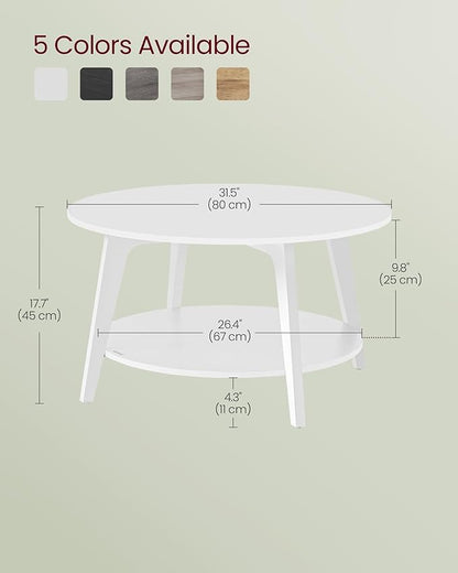 VASAGLE MAEZO Collection - Round Coffee Table, 2-Tier Center Table with Storage, Tapered Legs, Curved Transitions, 31.5 Dia. x 17.7 H Inches, Easy Assembly, for Living Room, Snow White ULCT243W14