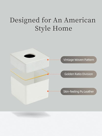 Cloudever Tissue Box Holder Cover Square, Modern PU Leather Decorative Tissue Cube Holder Organizer-Woven White