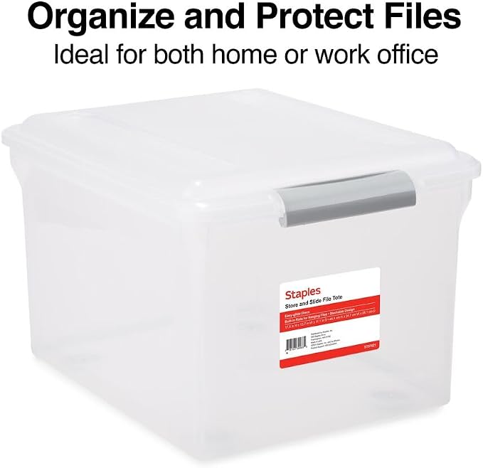 STAPLES Store & Slide Plastic File Box Latching, Letter/Legal Size, Clear, 2/Pack