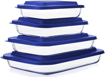 8-Piece Glass Baking Dish Set with Plastic lids,Rectangular Glass Bakeware Set with Lids, Baking Pans for Lasagna, Leftovers, Cooking, Kitchen, Freezer-to-Oven and Dishwasher, Blue