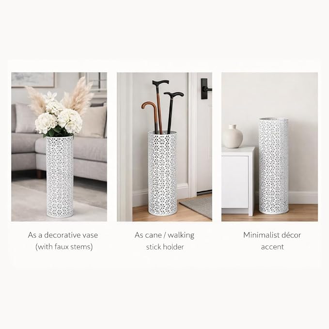 Concepts 8x20 inch Heavy Duty Metal Umbrella Stand - Durable Storage Holder for Umbrellas - Indoor and Outdoor Use - Stylish and Modern Organizer for Entryways. (White Floral Lace)