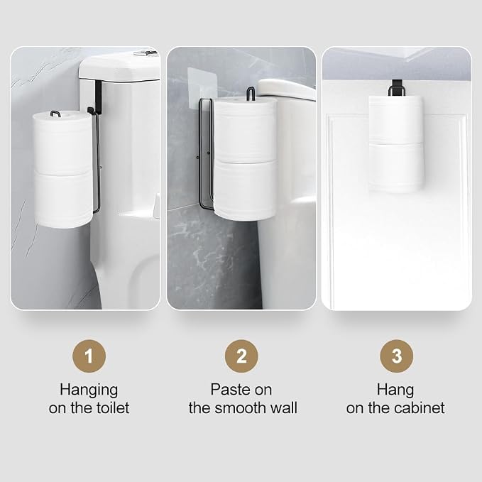 Black Bathroom Toilet Paper Roll Holder for 2 Roll Tissue, Brushed Nickel,Over The Tank Toilet Paper Holder,Self Adhesive Wall Mount,Stainless Steel Toilet Paper Holder Storage 2pcs