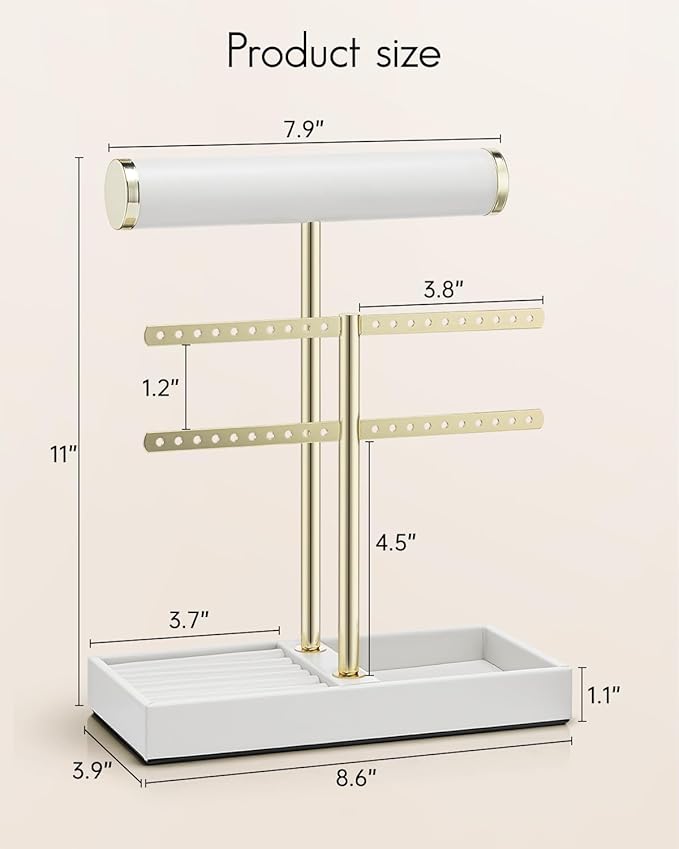 Vlando 2 Tier Necklace Holder Organizer with Tray, Leather Bracelet Holder Display for Women, Gold Jewelry Holder Stand for Bracelet, Necklace, Earrings, Rings - White