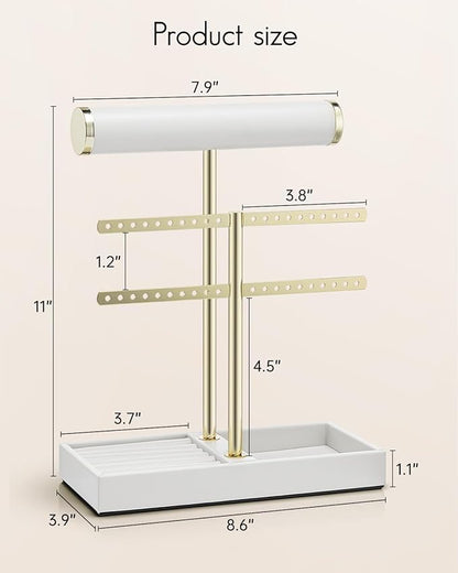 Vlando 2 Tier Necklace Holder Organizer with Tray, Leather Bracelet Holder Display for Women, Gold Jewelry Holder Stand for Bracelet, Necklace, Earrings, Rings - White