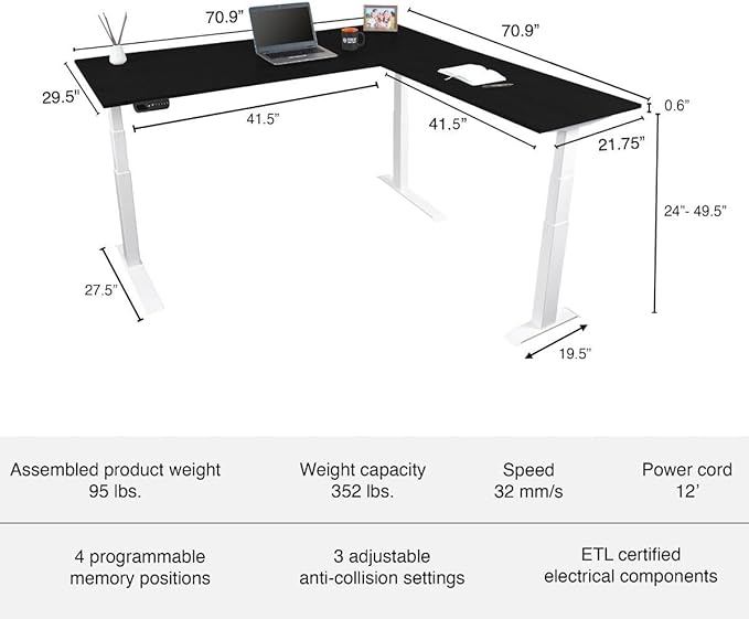 Stand Up Desk Store Triple Motor Electric L-Shaped Corner Standing Desk with EZ Assemble Frame (White Frame/Black Top, 71" W x 71" D)