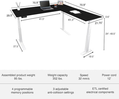 Stand Up Desk Store Triple Motor Electric L-Shaped Corner Standing Desk with EZ Assemble Frame (White Frame/Black Top, 71" W x 71" D)