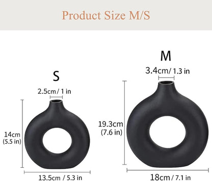 Black Ceramic Donut Vase Set of 2, Hollow Round Matte Pampas Flower Vases for Boho Home Wedding Party Room Dinner Table Shelf Decor.（Black）
