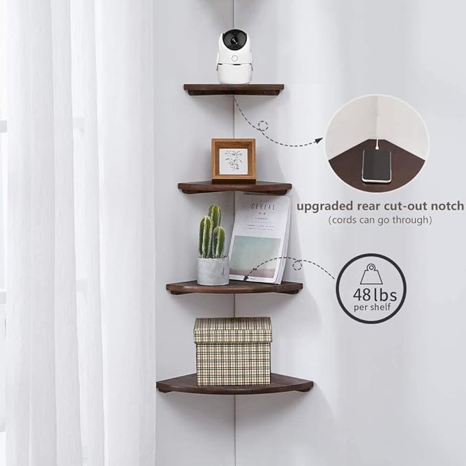 Conamily Corner Shelf,12inch Walnut Solid Wood Floating Corner Shelves Wall Mount Round End Floating Speaker Rack with Wire Hole for Small Plant for Bedroom Kitchen
