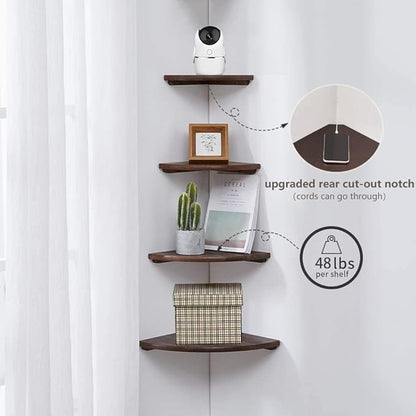 Conamily Corner Shelf,12inch Walnut Solid Wood Floating Corner Shelves Wall Mount Round End Floating Speaker Rack with Wire Hole for Small Plant for Bedroom Kitchen
