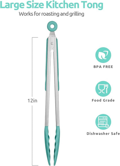 600ºF Heat Resistant Kitchen Tongs: U-Taste 12 in Large Silicone Cooking Tong with Sturdy Non Stick Rubber Tips & Silicon Coated 18/8 Stainless Steel Handle & Smooth Locking for Serving Grill-Aqua Sky