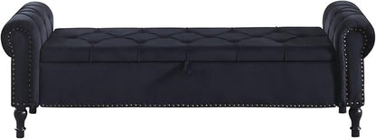Storage Bed Bench for Bedroom, 67 Inches End of Bed Bench, Velvet King Size Bench with Arms, Tufted Button Storage Ottoman Benches, Upholstered Bench for Bedroom, Living Room, Entryway, Black