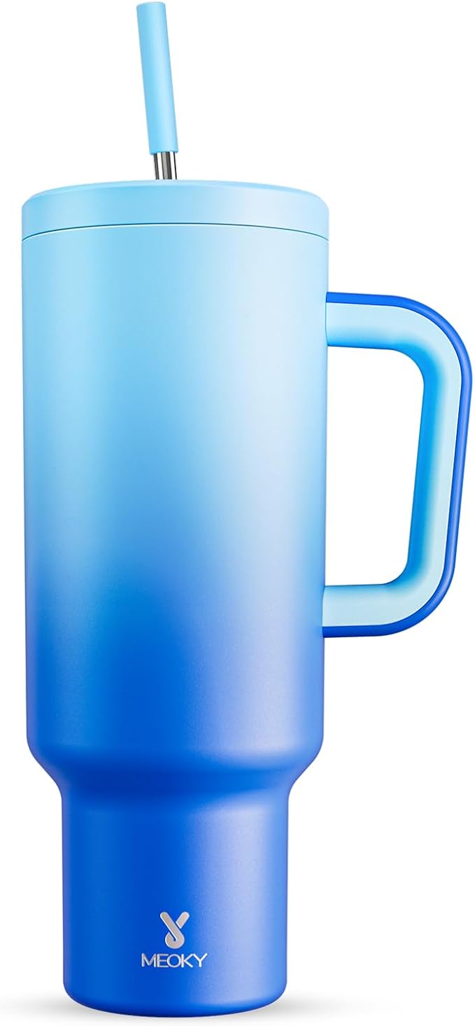 Meoky 50 oz Tumbler with Handle, Tumbler with Lid and Straw, Insulated Stainless Steel Travel Mug, 100% Leak-proof, Keeps Cold for 36 Hours or Hot for 12 Hours (Sky)