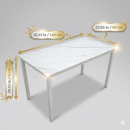 55 inch Large Computer Desk Wood, Modern Simple Style Desk for Home Office, Bedroom, Study Student Writing Desk, Small Spaces, White Metal Frame, Marble Grain Top